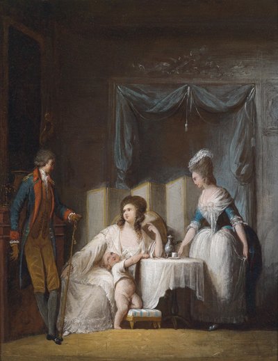 Hombre haciendo una visita informal por la mañana a una mujer que aún no está vestida formalmente para el día de Philibert Louis Debucourt